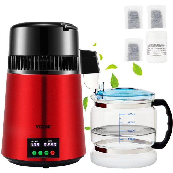 Beverage Equipment | 1.1Gal Water Distiller, 0.3Gal/H, 750W Distilled Water Maker Machine 0-99H Timing Setting Temp Display, 304 Stainless Steel Countertop Distiller Glass Carafe Cleaning Powder 3 Carbon Packs, Red Beverage Equipment Beverage Equipment