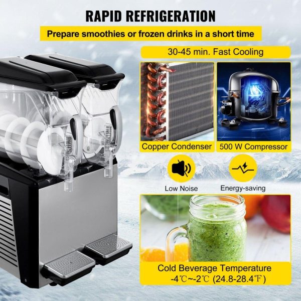 Beverage Equipment | 110V Slushy Machine 20L Double Bowl Margarita Frozen Drink Maker 900W Automatic Clean Day and Night Modes for Supermarkets Cafes Restaurants Snack Bars Commercial Use Beverage Equipment Beverage Equipment