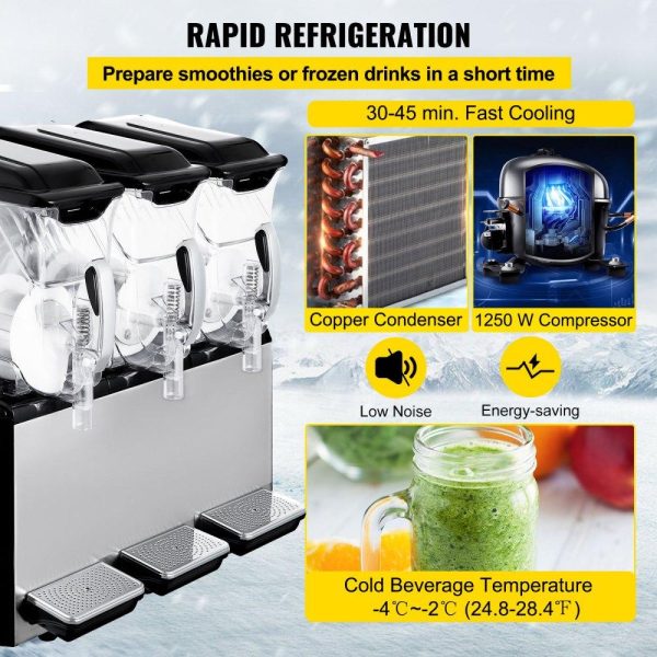 Beverage Equipment | 110V Slushy Machine 30L Triple Bowl Margarita Frozen Drink Maker 800W Automatic Clean Day and Night Modes for Supermarkets Cafes Restaurants Snack Bars Commercial Use Beverage Equipment Beverage Equipment