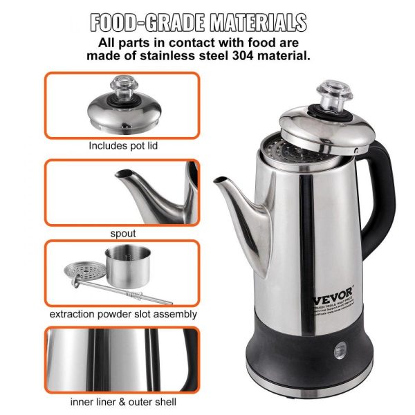 Beverage Equipment | 12-Cup Electric Percolator Coffee Pot, 304 Stainless Steel Coffee Percolator with Keep Warm Function & Heat-Resistant Handle, Classic Coffee Maker, Quick Brew & Easy-Pour Spout, Silver Beverage Equipment Beverage Equipment