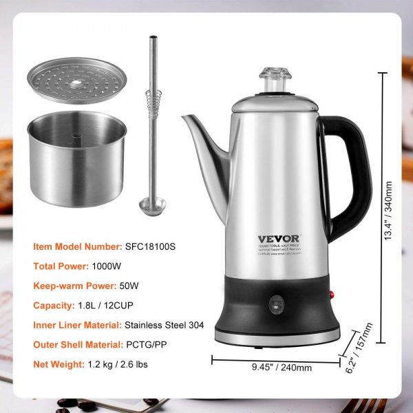 Beverage Equipment | 12-Cup Electric Percolator Coffee Pot, 304 Stainless Steel Coffee Percolator with Keep Warm Function & Heat-Resistant Handle, Classic Coffee Maker, Quick Brew & Easy-Pour Spout, Silver Beverage Equipment Beverage Equipment