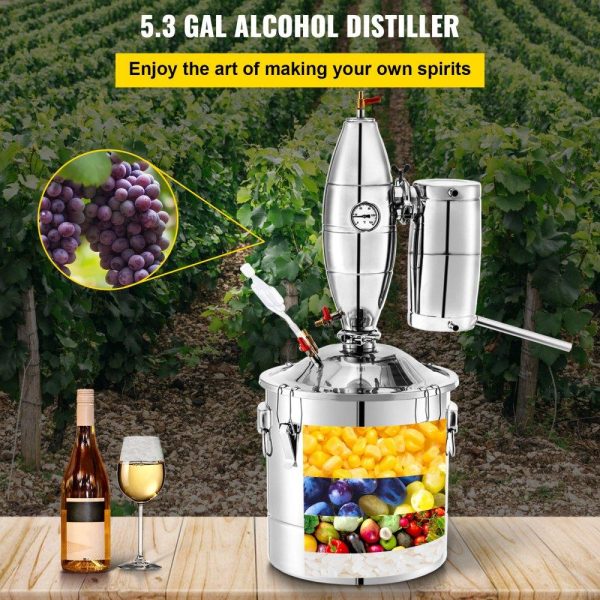 Beverage Equipment | 20L 5.3Gal Water Alcohol Distiller 304 Stainless Steel Alcohol Still Wine Making Boiler Home Kit with Thermometer for Whiskey Brandy Essential, Sliver Beverage Equipment Beverage Equipment