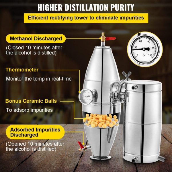 Beverage Equipment | 20L 5.3Gal Water Alcohol Distiller 304 Stainless Steel Alcohol Still Wine Making Boiler Home Kit with Thermometer for Whiskey Brandy Essential, Sliver Beverage Equipment Beverage Equipment