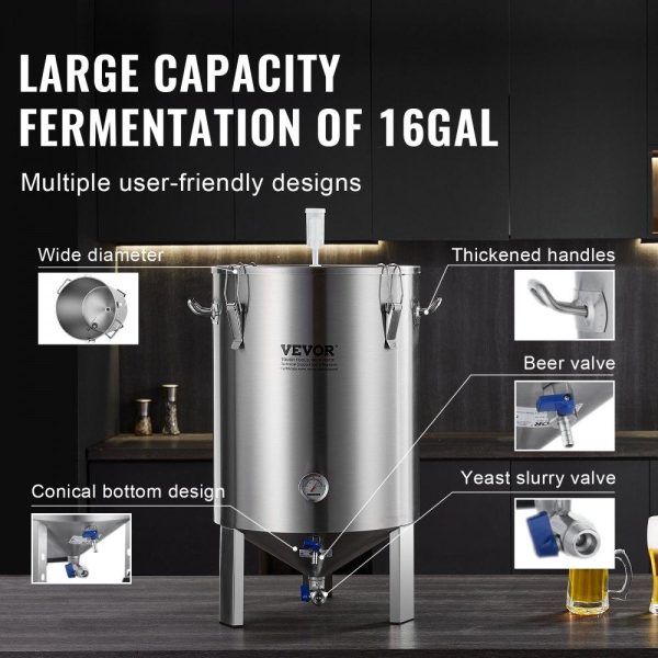 Beverage Equipment | 304 Stainless Steel Kettle, 16 GALLON Beer Brew Fermentor, Brew Bucket Fermentor for Brewing, Home Brewing Supplies with Base, Kettle Stock Pot Includes Lid, Handle, Valve, Spigot, Thermometer Beverage Equipment Beverage Equipment