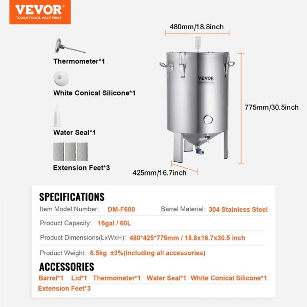 Beverage Equipment | 304 Stainless Steel Kettle, 16 GALLON Beer Brew Fermentor, Brew Bucket Fermentor for Brewing, Home Brewing Supplies with Base, Kettle Stock Pot Includes Lid, Handle, Valve, Spigot, Thermometer Beverage Equipment Beverage Equipment