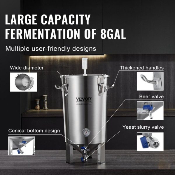 Beverage Equipment | 304 Stainless Steel Kettle, 8 GALLON Beer Brew Fermentor, Brew Bucket Fermentor for Brewing, Home Brewing Supplies with Base, Kettle Stock Pot Includes Lid, Handle, Valve, Spigot, Thermometer Beverage Equipment Beverage Equipment