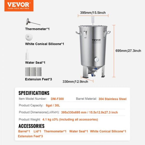 Beverage Equipment | 304 Stainless Steel Kettle, 8 GALLON Beer Brew Fermentor, Brew Bucket Fermentor for Brewing, Home Brewing Supplies with Base, Kettle Stock Pot Includes Lid, Handle, Valve, Spigot, Thermometer Beverage Equipment Beverage Equipment