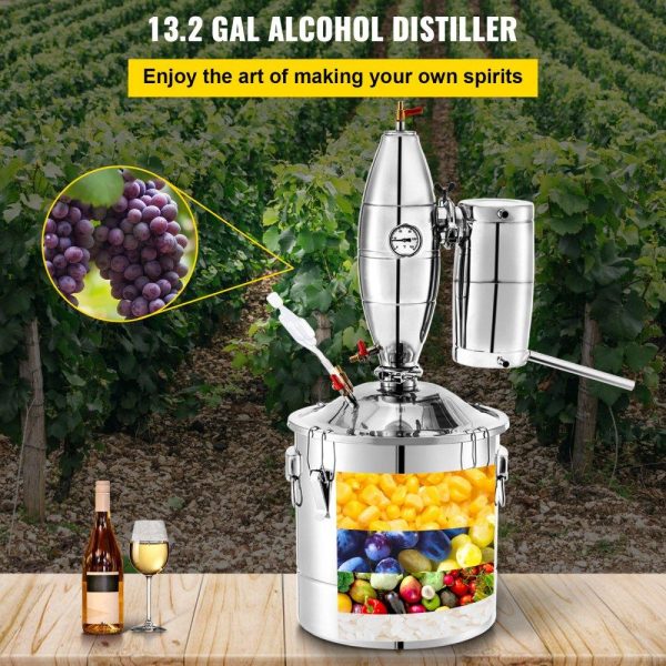 Beverage Equipment | 50L 13.2Gal Water Alcohol Distiller 304 Stainless Steel Alcohol Still Wine Making Boiler Home Kit with Thermometer for Whiskey Brandy Essential, Sliver Beverage Equipment Beverage Equipment