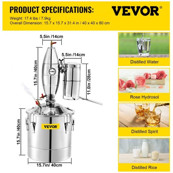 Beverage Equipment | 50L 13.2Gal Water Alcohol Distiller 304 Stainless Steel Alcohol Still Wine Making Boiler Home Kit with Thermometer for Whiskey Brandy Essential, Sliver Beverage Equipment Beverage Equipment