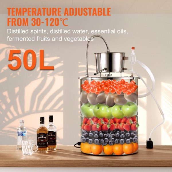 Beverage Equipment | Alcohol Still, 15 Gal 50L Water Alcohol Distiller, Home Distillery Kit include Stainless Steel Tube & Pump & One-way Exhaust Valve & Thermometer (30-120℃ ) for DIY Whisky Wine Brandy, Silver Beverage Equipment Beverage Equipment