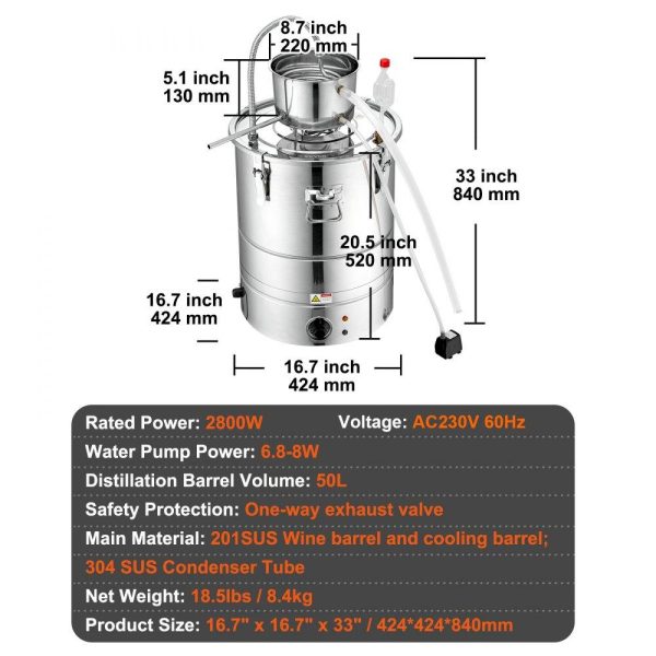 Beverage Equipment | Alcohol Still, 15 Gal 50L Water Alcohol Distiller, Home Distillery Kit include Stainless Steel Tube & Pump & One-way Exhaust Valve & Thermometer (30-120℃ ) for DIY Whisky Wine Brandy, Silver Beverage Equipment Beverage Equipment