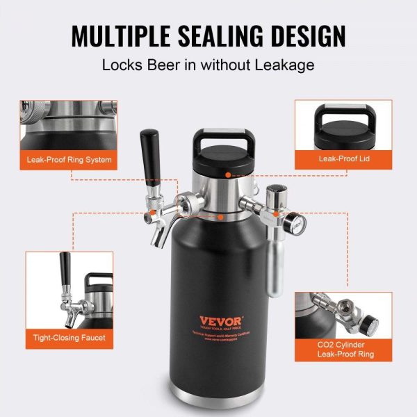 Beverage Equipment | Beer Growler Tap System, 64Oz 1.89L Mini Keg, 304 Stainless Steel Pressurized Beer Growler, Keg Growler with Pressure Display, CO2 Regulator Faucet, Leak-Proof Ring For Draft Homebrew Craft Beer Beverage Equipment Beverage Equipment