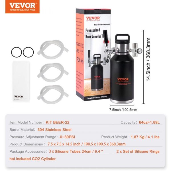 Beverage Equipment | Beer Growler Tap System, 64Oz 1.89L Mini Keg, 304 Stainless Steel Pressurized Beer Growler, Keg Growler with Pressure Display, CO2 Regulator Faucet, Leak-Proof Ring For Draft Homebrew Craft Beer Beverage Equipment Beverage Equipment