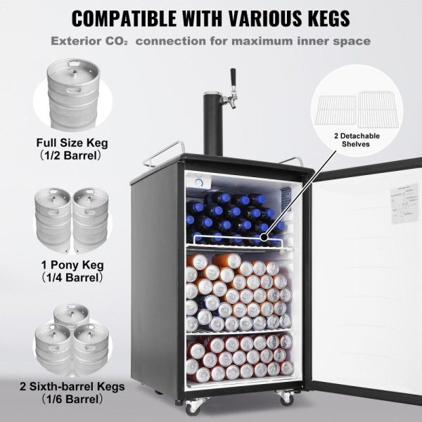 Beverage Equipment | Beer Kegerator, Single Tap Draft Beer Dispenser, Full Size Keg Refrigerator With Shelves, CO2 Cylinder, Drip Tray & Rail, 32°F- 50°F Temperature Control, Holds 1/6, 1/4, 1/2 Barrels, Black Beverage Equipment Beverage Equipment