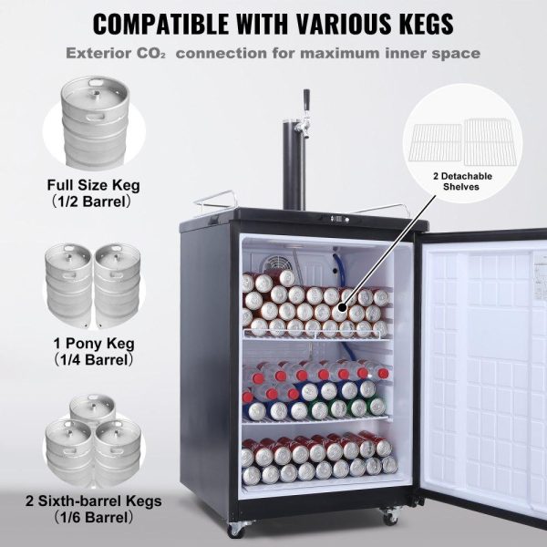 Beverage Equipment | Beer Kegerator, Single Tap Draft Beer Dispenser, Full Size Keg Refrigerator With Shelves, CO2 Cylinder, Drip Tray & Rail, 32°F- 75.2°F Temperature Control, Holds 1/6, 1/4, 1/2 Barrels, Black Beverage Equipment Beverage Equipment