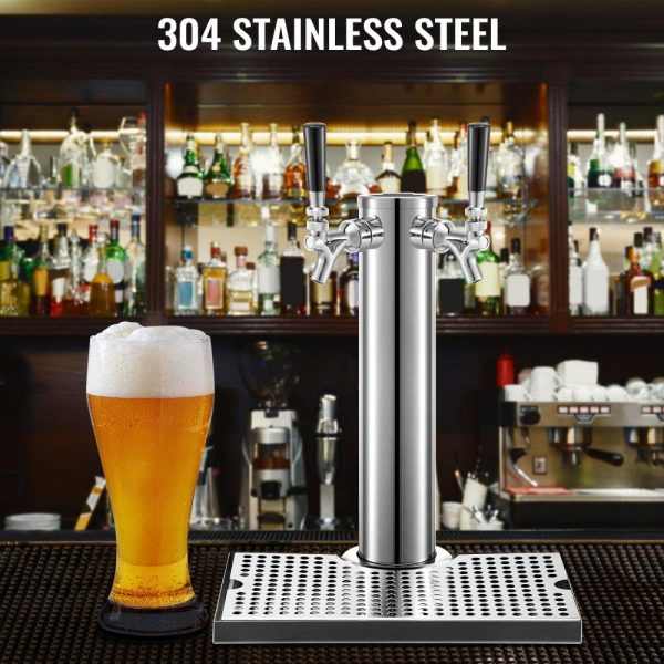 Beverage Equipment | Beer Tower, Dual Faucet Tap Kegerator Tower, Stainless Steel Draft Beer Tower with 12″ x 7″ Drip Tray, 3″ Dia. Column Beer Dispenser Tower, Beer Tower Kit with Hose, Wrench, Cover for Home & Bar Beverage Equipment Beverage Equipment