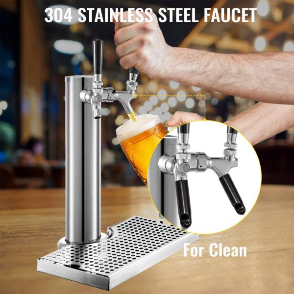 Beverage Equipment | Beer Tower, Dual Faucet Tap Kegerator Tower, Stainless Steel Draft Beer Tower with 12″ x 7″ Drip Tray, 3″ Dia. Column Beer Dispenser Tower, Beer Tower Kit with Hose, Wrench, Cover for Home & Bar Beverage Equipment Beverage Equipment