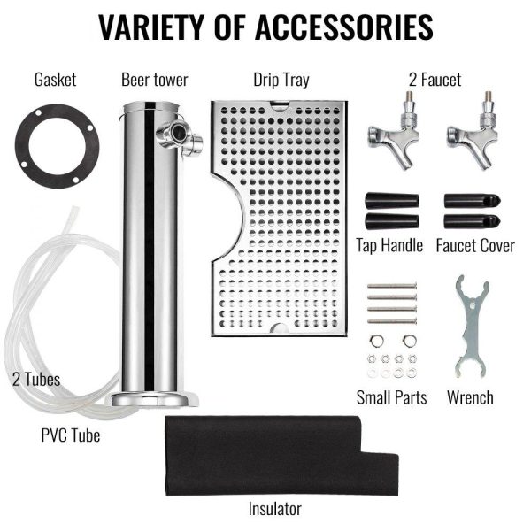 Beverage Equipment | Beer Tower, Dual Faucet Tap Kegerator Tower, Stainless Steel Draft Beer Tower with 12″ x 7″ Drip Tray, 3″ Dia. Column Beer Dispenser Tower, Beer Tower Kit with Hose, Wrench, Cover for Home & Bar Beverage Equipment Beverage Equipment