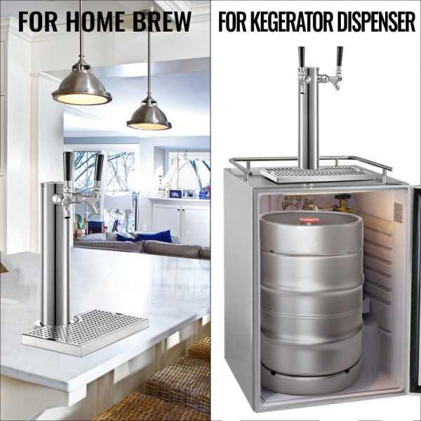 Beverage Equipment | Beer Tower, Dual Faucet Tap Kegerator Tower, Stainless Steel Draft Beer Tower with 12″ x 7″ Drip Tray, 3″ Dia. Column Beer Dispenser Tower, Beer Tower Kit with Hose, Wrench, Cover for Home & Bar Beverage Equipment Beverage Equipment