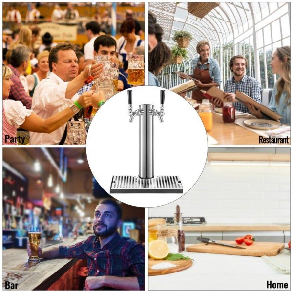 Beverage Equipment | Beer Tower, Dual Faucet Tap Kegerator Tower, Stainless Steel Draft Beer Tower with 12″ x 7″ Drip Tray, 3″ Dia. Column Beer Dispenser Tower, Beer Tower Kit with Hose, Wrench, Cover for Home & Bar Beverage Equipment Beverage Equipment