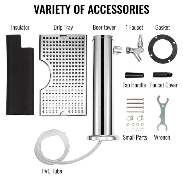Beverage Equipment | Beer Tower, Single Faucet Kegerator Tower, Stainless Steel Draft Beer Tower with 12″ x 7″ Drip Tray, 3″ Dia. Column Beer Dispenser Tower, Beer Tower Kit with Hose, Wrench, Cover for Home & Bar Beverage Equipment Beverage Equipment