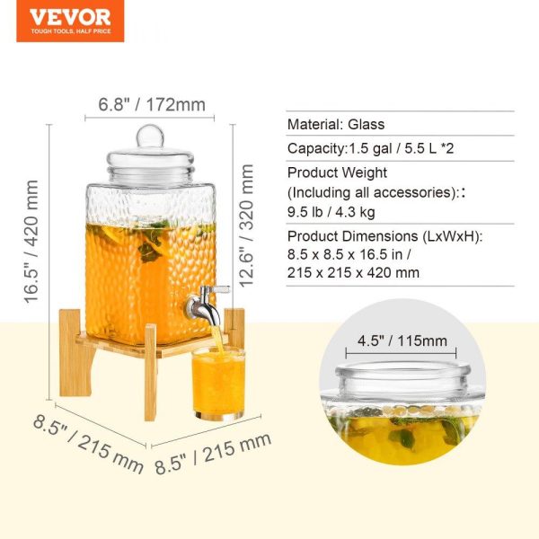 Beverage Equipment | Beverage Dispenser, 1.5 Gallon Drink Dispensers for Parties,2PC,Glass Juice Dispenser with Stand, Stainless Steel Spigot, Iced Tea Lemonade Juice Water Dispenser, for Restaurants, Hotels, Partie Beverage Equipment Beverage Equipment