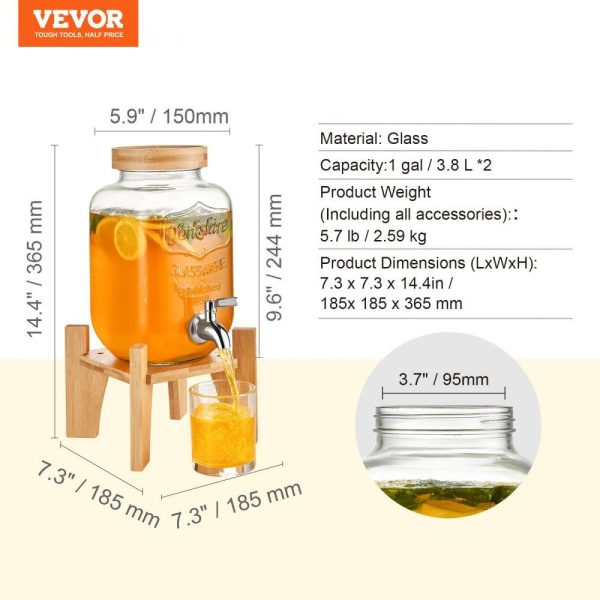 Beverage Equipment | Beverage Dispenser, 1 Gallon Drink Dispensers for Parties,2PC, Glass Juice Dispenser with Stand, Stainless Steel Spigot, Iced Tea Lemonade Juice Water Dispenser, for Restaurants, Hotels, Parties Beverage Equipment Beverage Equipment