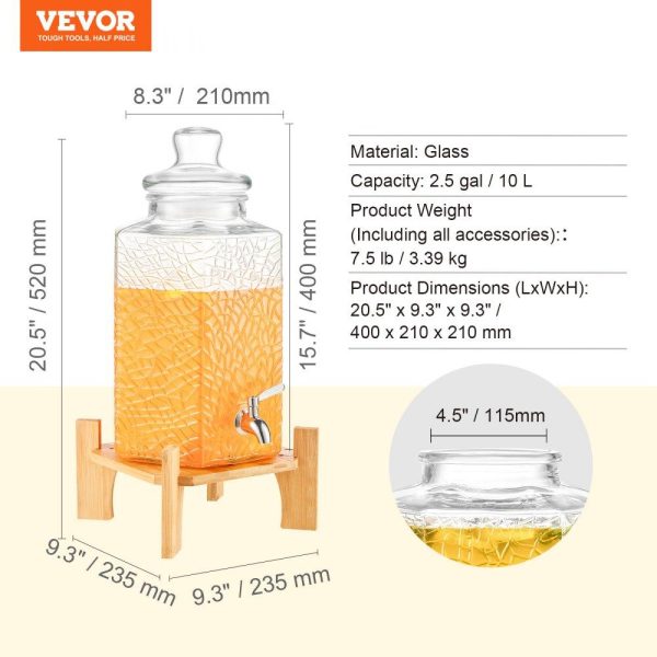 Beverage Equipment | Beverage Dispenser, 2.5 Gallon Drink Dispensers for Parties, Glass Juice Dispenser with Stand, Stainless Steel Spigot, Iced Tea Lemonade Juice Water Dispenser, for Restaurants, Hotels, Parties Beverage Equipment Beverage Equipment