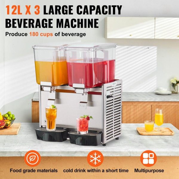 Beverage Equipment | Commercial Beverage Dispenser, 13.6 Qt 12L 3 Tanks Ice Tea Drink Machine, 620W 304 Stainless Steel Juice Dispenser with 41℉-53.6℉ Thermostat Controller, for Cold Drink Restaurant Hotel Party Beverage Equipment Beverage Equipment