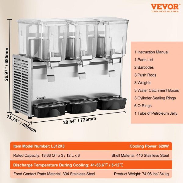 Beverage Equipment | Commercial Beverage Dispenser, 13.6 Qt 12L 3 Tanks Ice Tea Drink Machine, 620W 304 Stainless Steel Juice Dispenser with 41℉-53.6℉ Thermostat Controller, for Cold Drink Restaurant Hotel Party Beverage Equipment Beverage Equipment