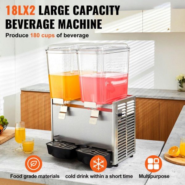 Beverage Equipment | Commercial Beverage Dispenser, 20.4 Qt 18L 2 Tanks Ice Tea Drink Machine, 590W 304 Stainless Steel Juice Dispenser with 41℉-53.6℉ Thermostat Controller, for Cold Drink Restaurant Hotel Party Beverage Equipment Beverage Equipment