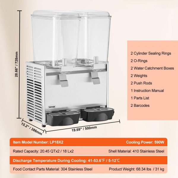 Beverage Equipment | Commercial Beverage Dispenser, 20.4 Qt 18L 2 Tanks Ice Tea Drink Machine, 590W 304 Stainless Steel Juice Dispenser with 41℉-53.6℉ Thermostat Controller, for Cold Drink Restaurant Hotel Party Beverage Equipment Beverage Equipment