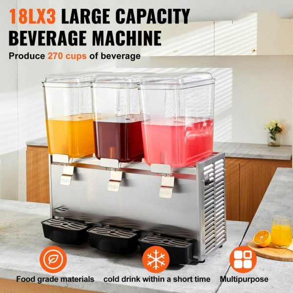 Beverage Equipment | Commercial Beverage Dispenser, 20.4 Qt 18L 3 Tanks Ice Tea Drink Machine, 680W 304 Stainless Steel Juice Dispenser with 41℉-53.6℉ Thermostat Controller, for Cold Drink Restaurant Hotel Party Beverage Equipment Beverage Equipment