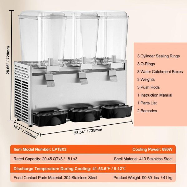 Beverage Equipment | Commercial Beverage Dispenser, 20.4 Qt 18L 3 Tanks Ice Tea Drink Machine, 680W 304 Stainless Steel Juice Dispenser with 41℉-53.6℉ Thermostat Controller, for Cold Drink Restaurant Hotel Party Beverage Equipment Beverage Equipment