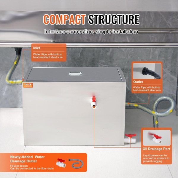 Beverage Equipment | Commercial Grease Trap, 40 LBS Grease Interceptor, Side Inlet Interceptor, Under Sink Stainless Steel Grease Trap, 10 GPM Waste Water Oil-water Separator, for Restaurant Canteen Home Kitchen Beverage Equipment Beverage Equipment