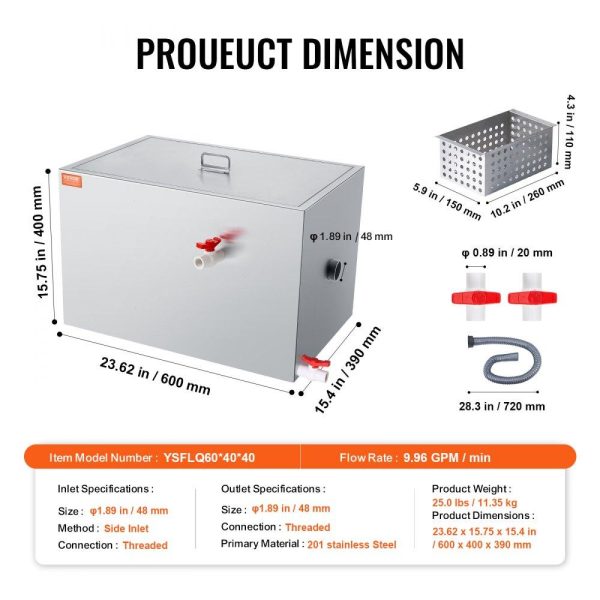 Beverage Equipment | Commercial Grease Trap, 40 LBS Grease Interceptor, Side Inlet Interceptor, Under Sink Stainless Steel Grease Trap, 10 GPM Waste Water Oil-water Separator, for Restaurant Canteen Home Kitchen Beverage Equipment Beverage Equipment