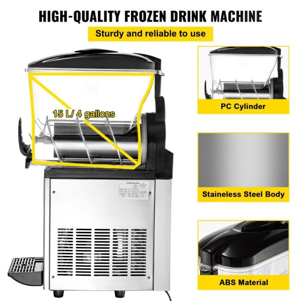 Beverage Equipment | Commercial Margarita Machine, 1Tank 15L Commercial Slushy Machine, Stainless Steel Smoothie Frozen Drink Maker, 500W 110V for Supermarkets Cafes Restaurants Bars Home Use Beverage Equipment Beverage Equipment