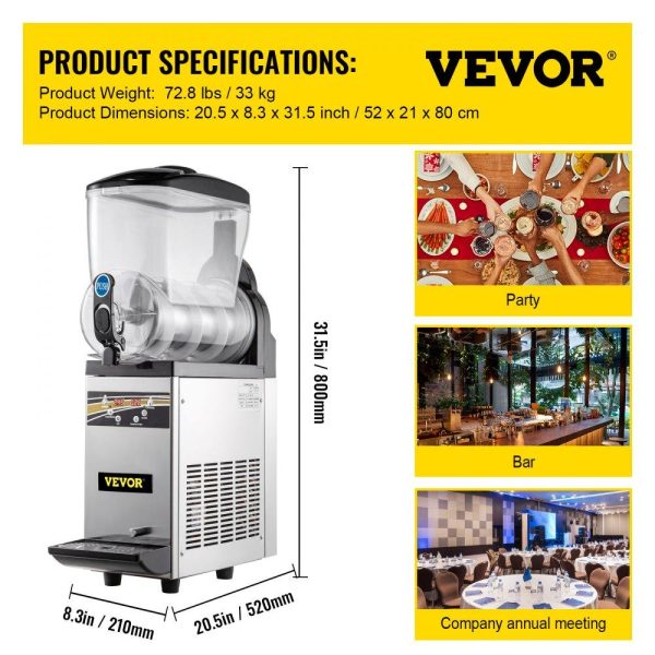 Beverage Equipment | Commercial Margarita Machine, 1Tank 15L Commercial Slushy Machine, Stainless Steel Smoothie Frozen Drink Maker, 500W 110V for Supermarkets Cafes Restaurants Bars Home Use Beverage Equipment Beverage Equipment