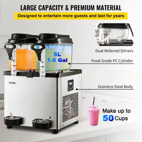 Beverage Equipment | Commercial Slushy Machine, 6 L x 2 Tanks 50 Cups, 700W 110V, Stainless Steel Margarita Smoothie Frozen Drink Maker, Perfect for Supermarkets Cafes Restaurants Bars and Home Use, Silver Beverage Equipment Beverage Equipment