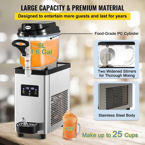 Beverage Equipment | Commercial Slushy Machine, 6L/1.6 Gallons 25 Cups Single-Bowl, 300W 110V, Stainless Steel Margarita Smoothie Frozen Drink Maker, Slushie Machine for Supermarkets Cafes Restaurants Bars Home Use Beverage Equipment Beverage Equipment