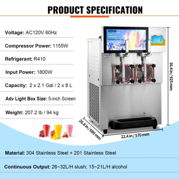 Beverage Equipment | Commercial Slushy Machine, 8L / 2.1 Gal Double Bowl Margarita Machine, 1155W Stainless Steel Margarita Smoothie Frozen Drink Maker, Slushie Machine for Party Cafes Restaurants Bars Home Beverage Equipment Beverage Equipment