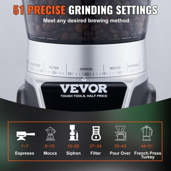 Beverage Equipment | Conical Burr Grinder, Electric Adjustable Burr Mill with 51 Precise Grind Setting, 9.7-Ounce 13 Cups Coffee Bean Grinder, Perfect for Drip, Mocha, Hand Brew, French Press, Espresso, Silver Beverage Equipment Beverage Equipment