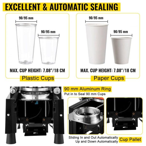 Beverage Equipment | Cup Sealing Machine 95mm Bubble Tea Machine Automatic 500-650 cups/h Cup Sealer Black With Digital Control for Sealing PP PET Paper Cups Black Beverage Equipment Beverage Equipment