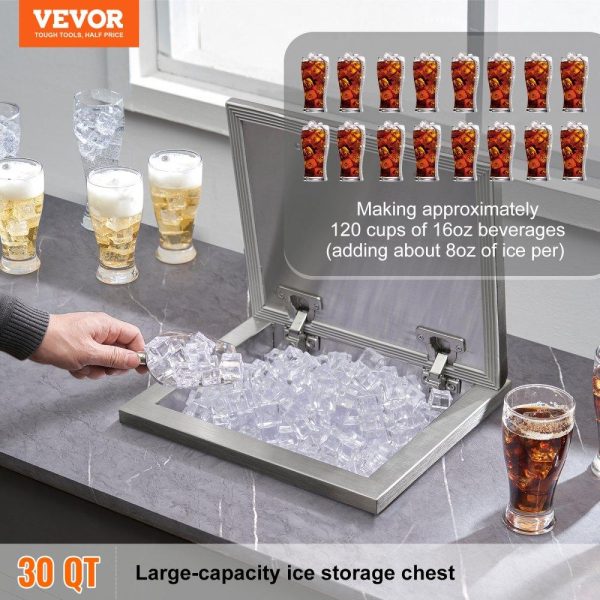 Beverage Equipment | Drop in Ice Chest, 14″L x 12″W x 18″H Stainless Steel Ice Cooler, Commercial Ice Bin with Hinged Cover, 40 qt Outdoor Kitchen Ice Bar, Drain-pipe and Drain Plug Included, for Cold Wine Beer Beverage Equipment Beverage Equipment