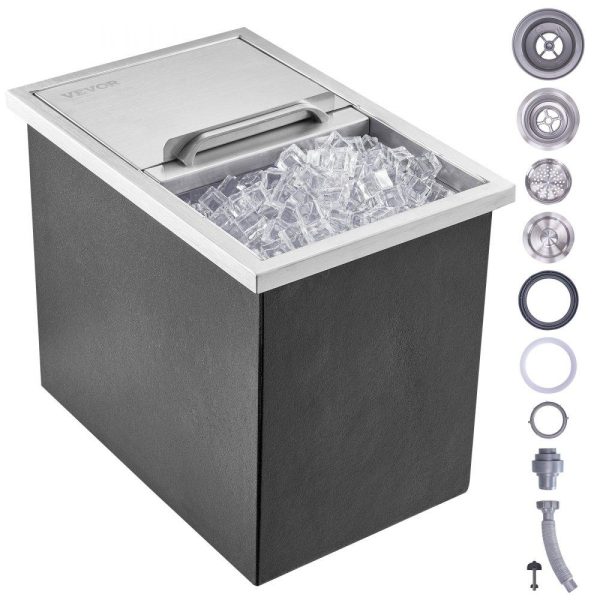 Beverage Equipment | Drop in Ice Chest, 18″L x 12″W x 14.5″H Stainless Steel Ice Cooler, Commercial Ice Bin with Sliding Cover, 40.9 qt Outdoor Kitchen Ice Bar, Drain-pipe and Drain Plug Included, for Cold Wine Beer Beverage Equipment Beverage Equipment