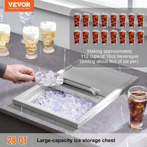 Beverage Equipment | Drop in Ice Chest, 18″L x 12″W x 14.5″H Stainless Steel Ice Cooler, Commercial Ice Bin with Sliding Cover, 40.9 qt Outdoor Kitchen Ice Bar, Drain-pipe and Drain Plug Included, for Cold Wine Beer Beverage Equipment Beverage Equipment