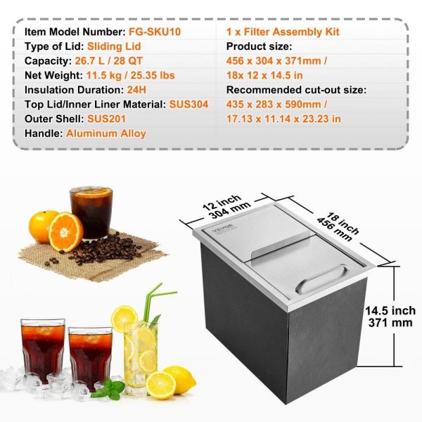 Beverage Equipment | Drop in Ice Chest, 18″L x 12″W x 14.5″H Stainless Steel Ice Cooler, Commercial Ice Bin with Sliding Cover, 40.9 qt Outdoor Kitchen Ice Bar, Drain-pipe and Drain Plug Included, for Cold Wine Beer Beverage Equipment Beverage Equipment