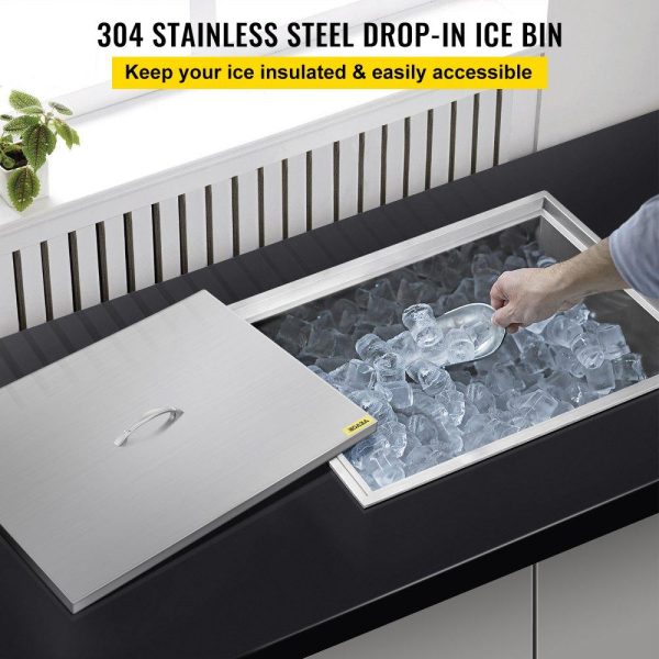 Beverage Equipment | Drop in Ice Chest 20.5”L x 13.5”W x 12.2”H with Cover 304 Stainless Steel Drop in Cooler Included Drain-pipe and Drain Plug Drop in Ice Bin for Cold Wine Beer Beverage Equipment Beverage Equipment