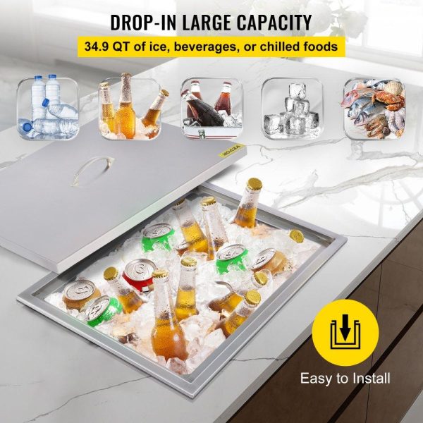 Beverage Equipment | Drop in Ice Chest 20.5”L x 13.5”W x 12.2”H with Cover 304 Stainless Steel Drop in Cooler Included Drain-pipe and Drain Plug Drop in Ice Bin for Cold Wine Beer Beverage Equipment Beverage Equipment