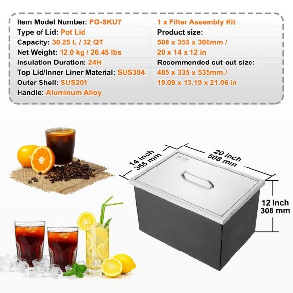 Beverage Equipment | Drop in Ice Chest, 20″L x 14″W x 12″H Stainless Steel Ice Cooler, Commercial Ice Bin with Cover, 40 qt Outdoor Kitchen Ice Bar, Drain-pipe and Drain Plug Included, for Cold Wine Beer Beverage Equipment Beverage Equipment